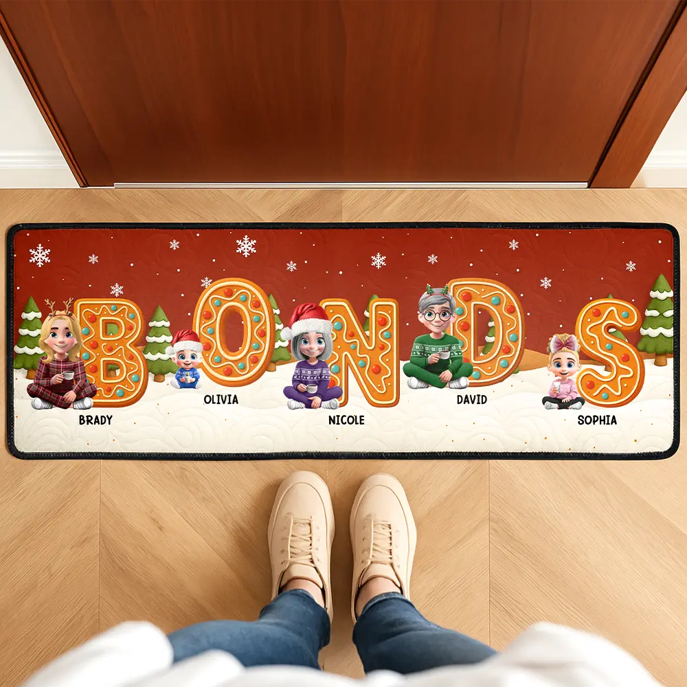 Family, Parents, Gift For Grandparents, Gift For Kids, Happy, Christmas - Christmas Sitting Family Gingerbread Letters - Personalized Runner Rug