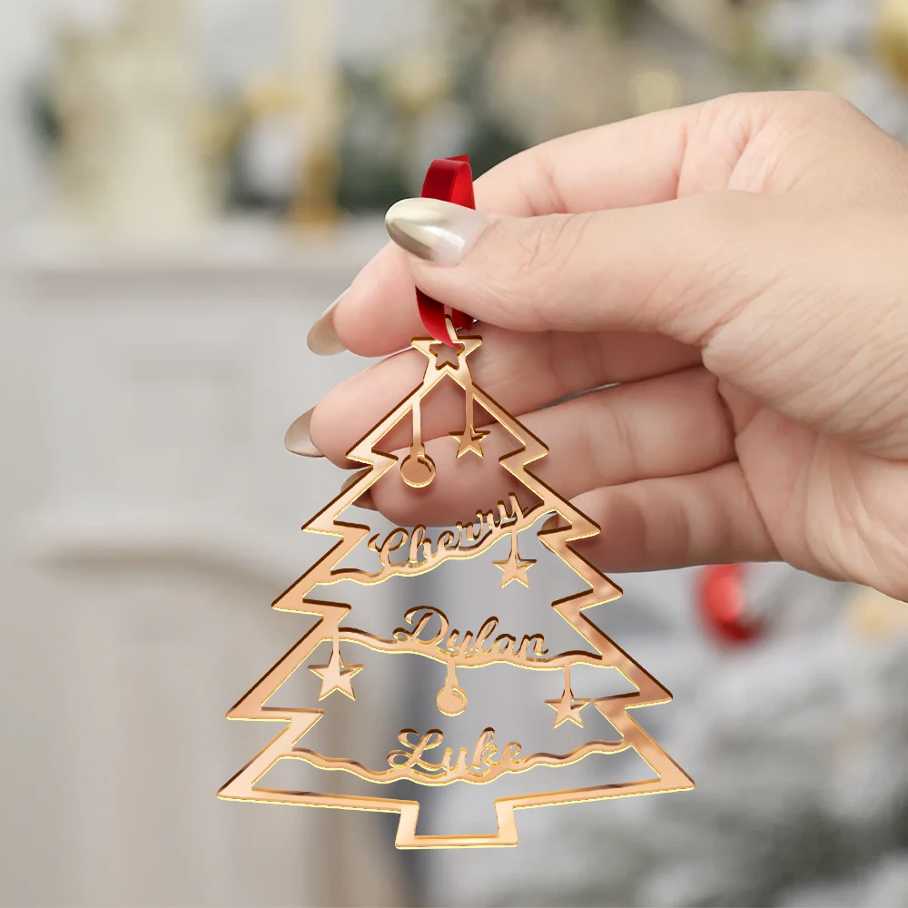 Christmas, Happy, Family - Christmas Tree With Names - Personalized DIY Mirror Acrylic Ornament