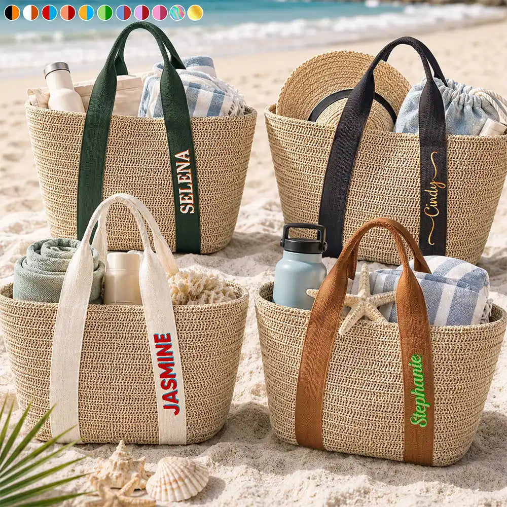 Adorable, Gift For Yourself, Summer, Gift For Women, Text Shadow - Colorful Name In Style - Personalized Straw Beach Bag