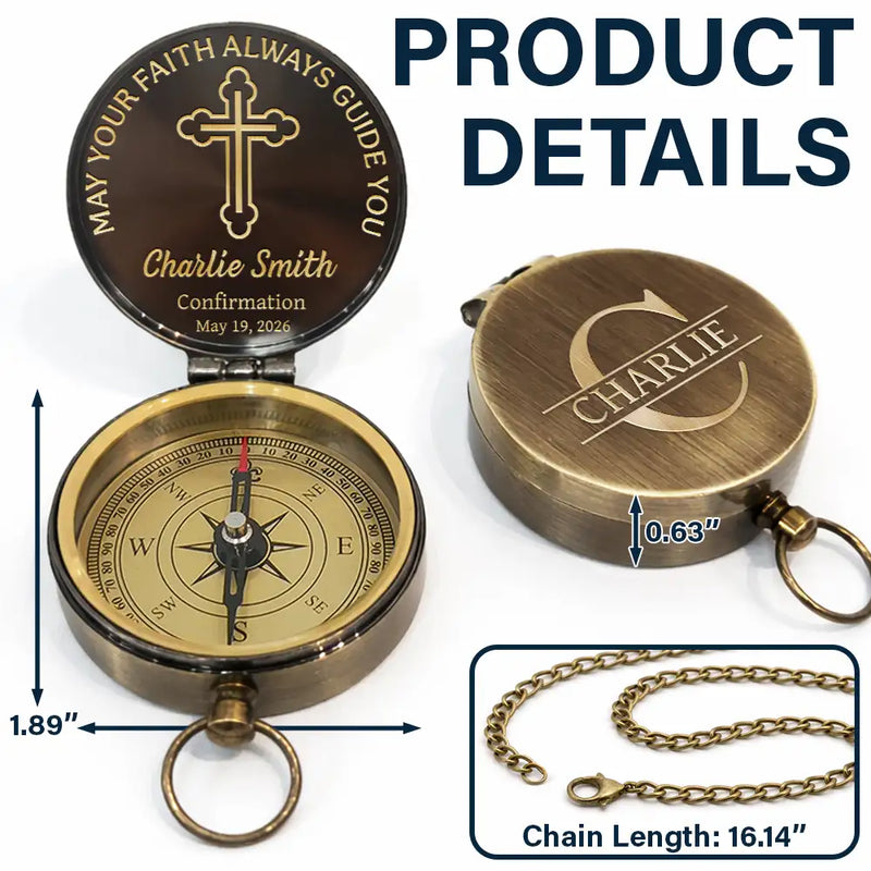 Christian,Happy,Gift For Yourself,Gift For Women,Gift For Men,Gift For Kids,Gift For Daughter,Gift For Son,Icon,Devoted - Confirmation And Baptism Keepsake - Personalized Engraved Brass Compass