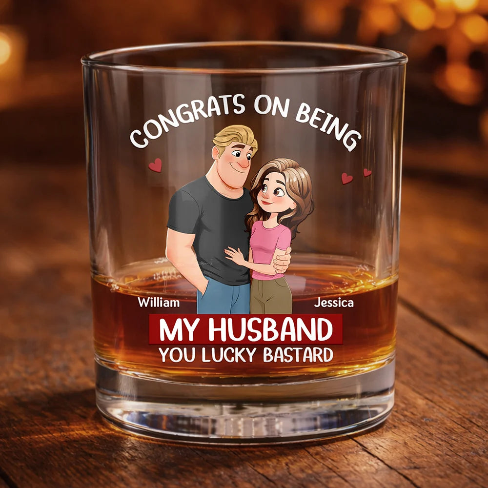 Congrats On Being My Husband Animate Hugging Couple - Personalized Whiskey Glass