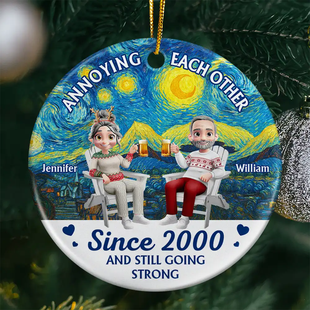 Christmas,Gift For Couples,Gift For Husband,Gift For Wife,Gift For Boyfriend,Gift For Girlfriend,Happy - Couple Annoying Each Other Since - Personalized Circle Ceramic Ornament