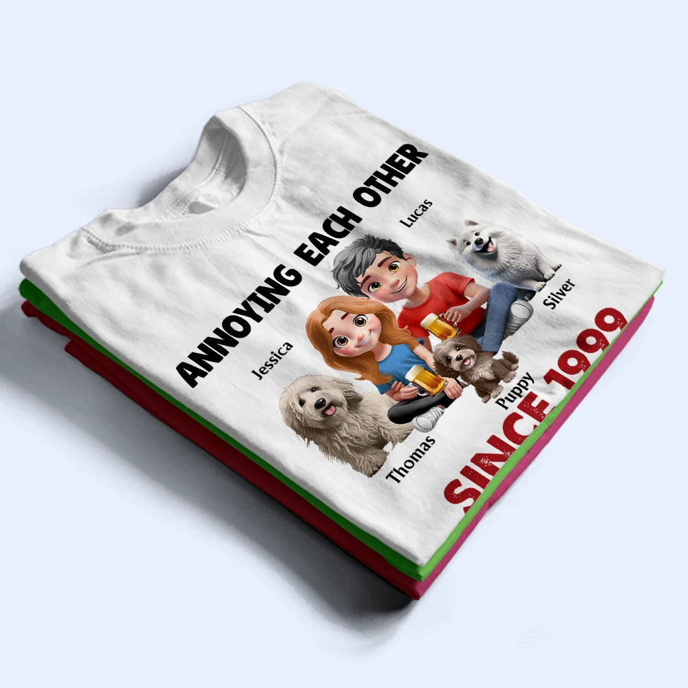 Gift For Couples, Pet Couple, Pet Lovers, Love, Gift For Husband, Gift For Wife, Gift For Boyfriend, Gift For Girlfriend - Couple Annoying Each Other With Dogs - Personalized T Shirt