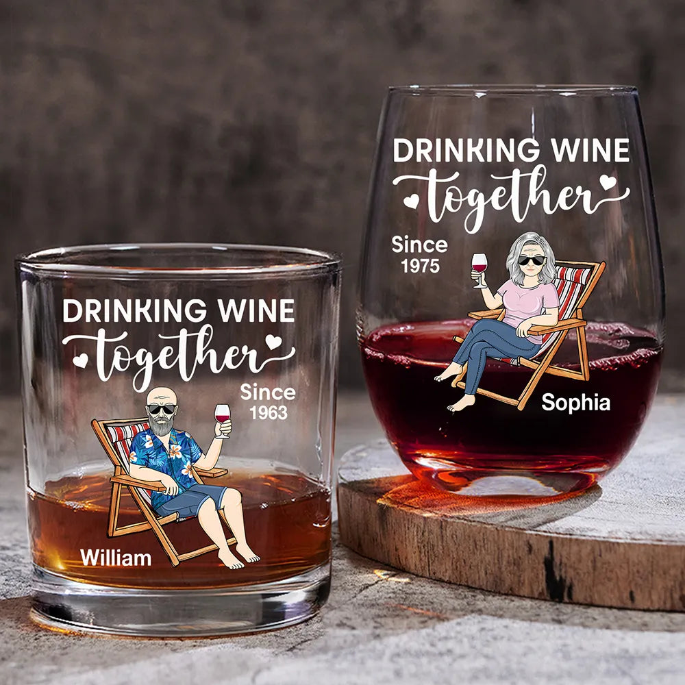 Love, Gift For Couples, Gift For Husband, Gift For Wife, Gift For Boyfriend, Gift For Girlfriend, Old Couples - Couple Drinking Wine Together - Personalized Combo Wine & Whiskey Glass