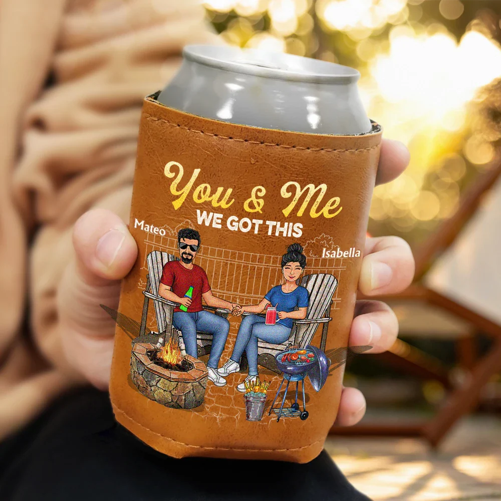 Gift For Couples,Gift For Husband,Gift For Wife,Gift For Boyfriend,Gift For Girlfriend,Happy - Couple Grilling Drinking Husband And Wife Drinking Buddies For Life - Personalized Leather Can Cooler