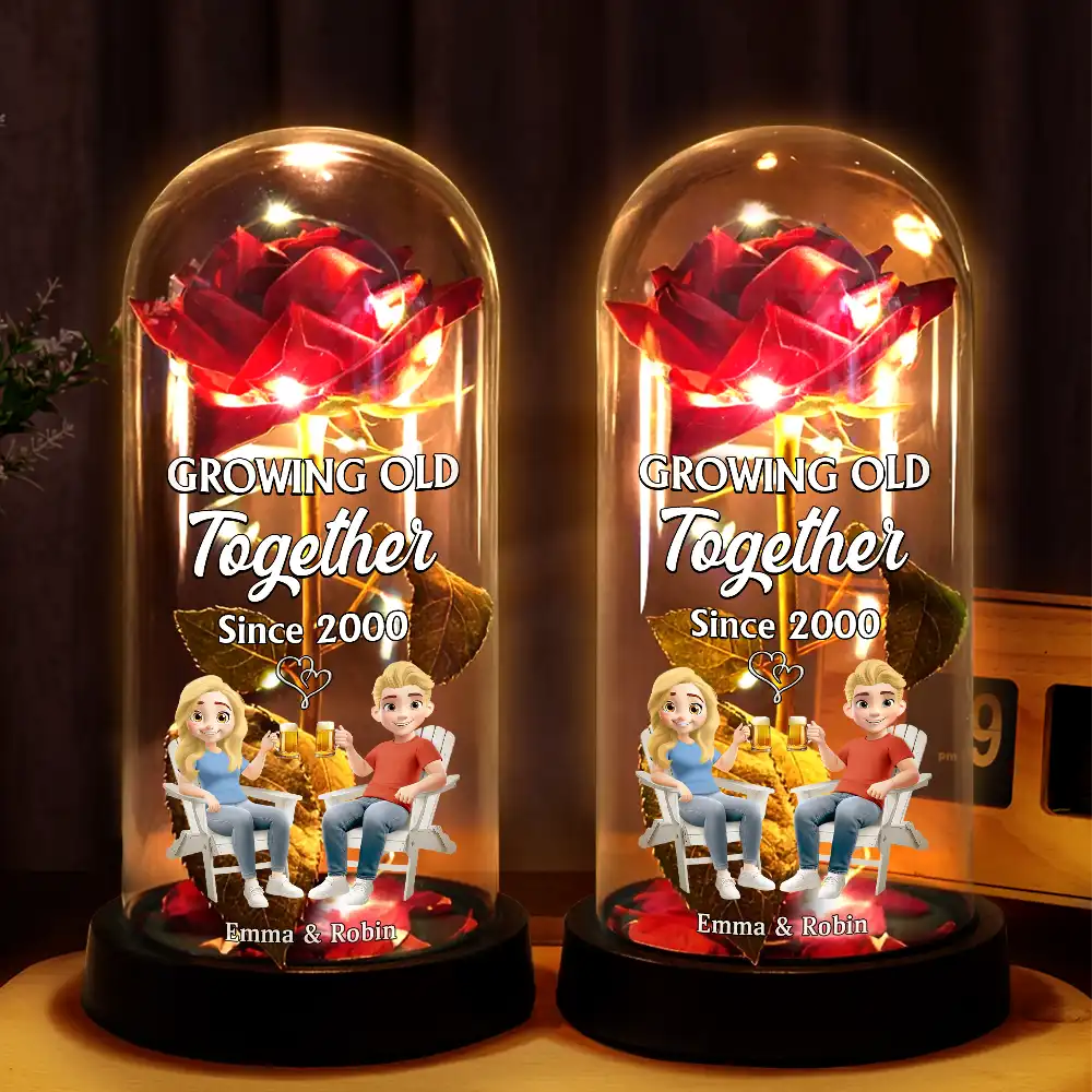 Gift For Couples, Old Couples, Gift For Husband, Gift For Wife, Happy - Couple Growing Old Together Since - Personalized Everlasting Rose Dome Lamp