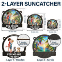 Gift For Couples, Dog Couple, Pet Lovers, Dog Lovers, Summer, Romantic, Vector - Couple Hugging You & Me And The Dogs - Personalized Window Hanging Suncatcher Ornament