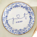 Gift For Couples, Gift For Wife, Gift For Girlfriend, Happy - Couple Initial Names Engaged Married Toile De Jouy Pattern - Personalized Round Ring Dish