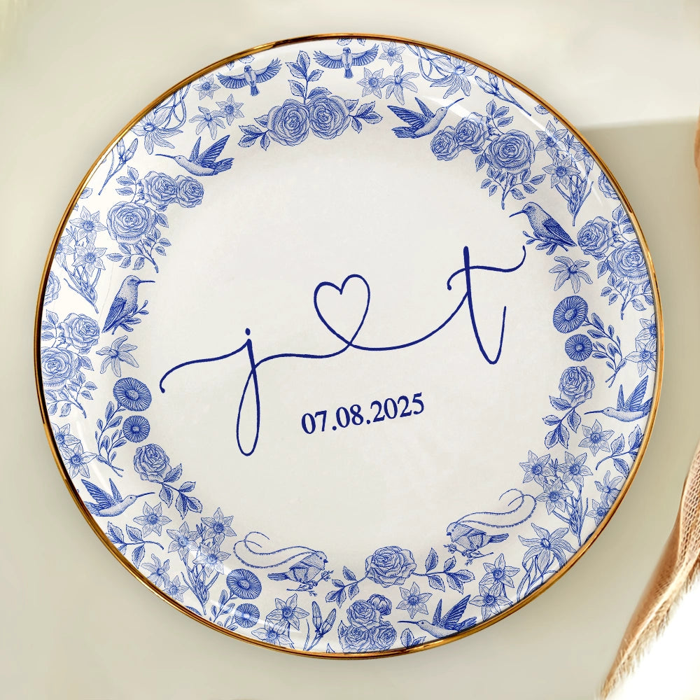 Gift For Couples, Gift For Wife, Gift For Girlfriend, Happy - Couple Initial Names Engaged Married Toile De Jouy Pattern - Personalized Round Ring Dish