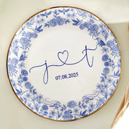 Gift For Couples, Gift For Wife, Gift For Girlfriend, Happy - Couple Initial Names Engaged Married Toile De Jouy Pattern - Personalized Round Ring Dish