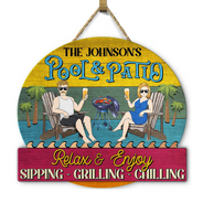 Gift For Couples,Gift For Husband,Gift For Wife,Gift For Boyfriend,Gift For Girlfriend,Patio,Poolside - Couple Pool & Patio Sipping Chilling - Personalized Custom Shaped Wood Sign
