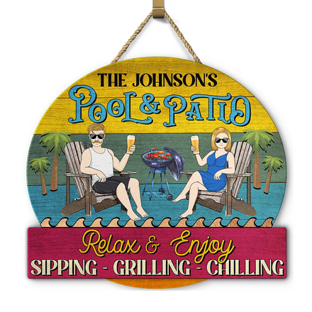 Couple Pool & Patio Sipping Chilling Tropical - Personalized Custom Shaped Wood Sign