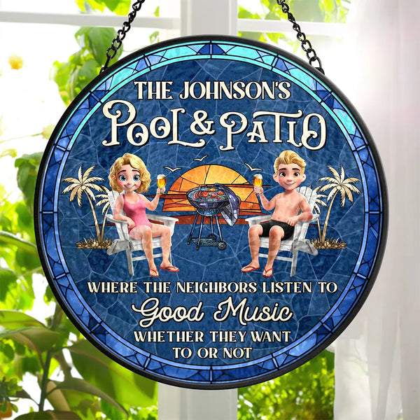 Gift For Couples,Gift For Husband,Gift For Wife,Patio,Poolside,Happy - Couple Pool & Patio Sipping Chilling - Personalized Stained Glass Window Hanging Suncatcher