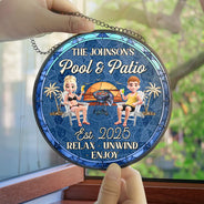 Gift For Couples,Gift For Husband,Gift For Wife,Patio,Poolside,Happy - Couple Pool & Patio Sipping Chilling - Personalized Stained Glass Window Hanging Suncatcher