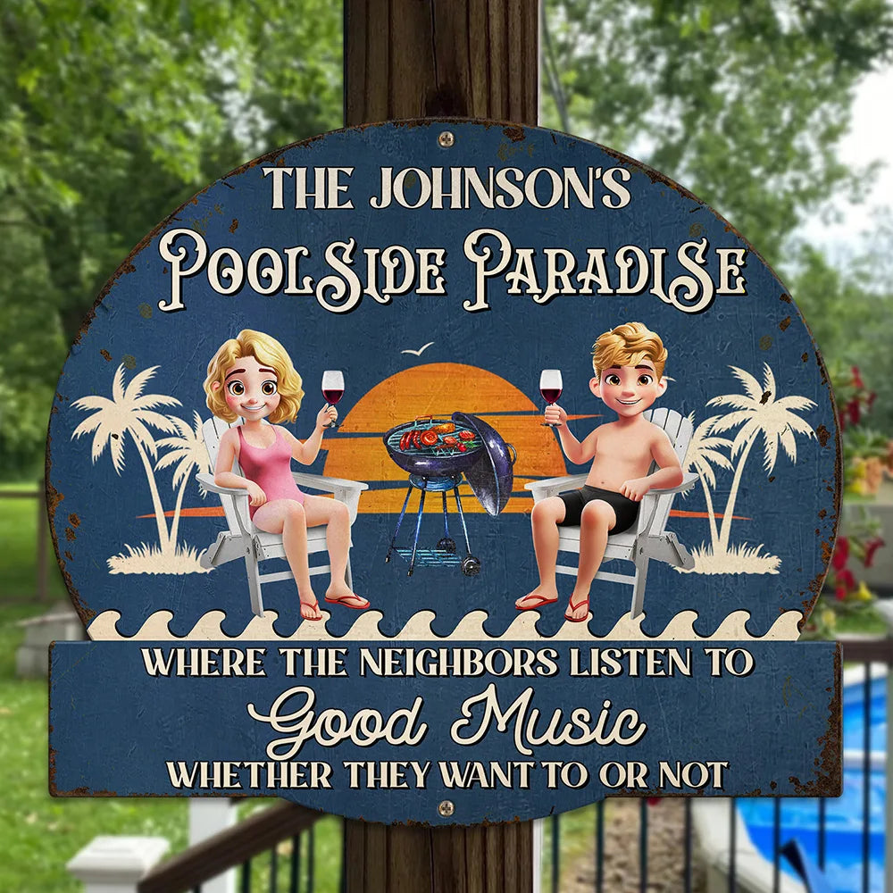 Couple Poolside Paradise - Personalized Custom Shaped Metal Sign