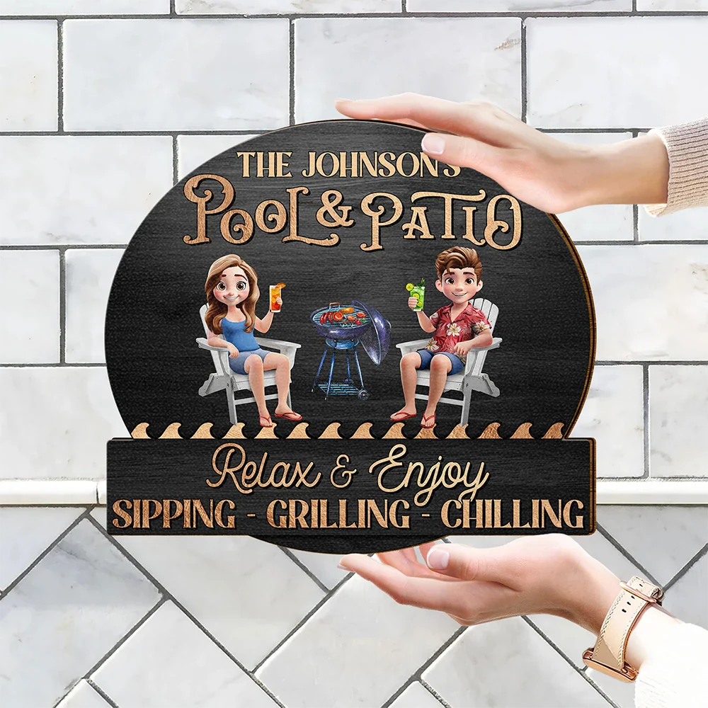 Gift For Couples,Gift For Husband,Gift For Wife,Gift For Boyfriend,Gift For Girlfriend,Patio,Poolside - Couple Poolside Paradise Relax Enjoy 3D Effect - Personalized Custom Shaped Wood Sign
