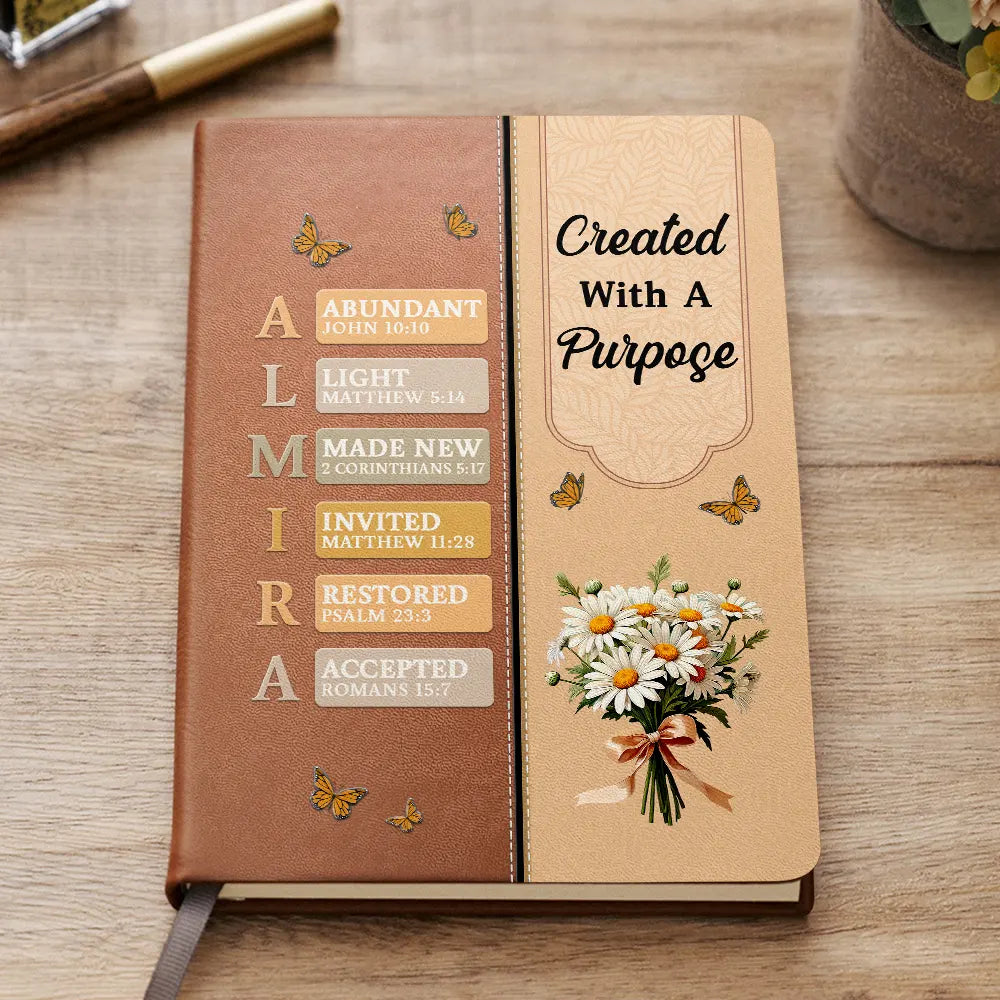 Gift For Wife,Gift For Girlfriend,Gift For Yourself,Gift For Women,Gift For Aunt,Gift For Mother,Gift For Grandma,Gift For Daughter,Gift For Sisters,Gift For Bestie,Happy,Christian,Icon - Created With A Purpose Birth Month Flower - Personalized Leather Journal