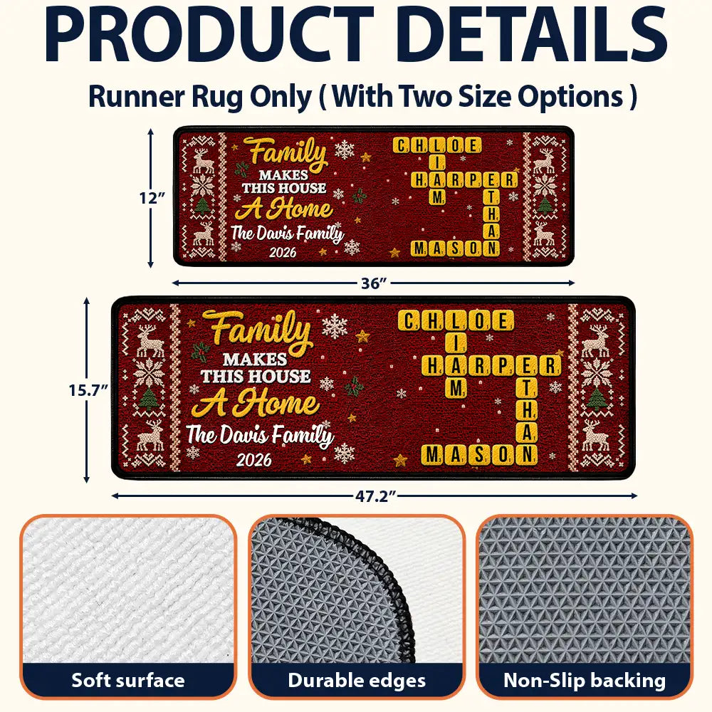 Sentimental,Christmas,Family,Crossword - Crossword Family Makes This House A Home Faux Chenille Effect - Personalized Runner Rug