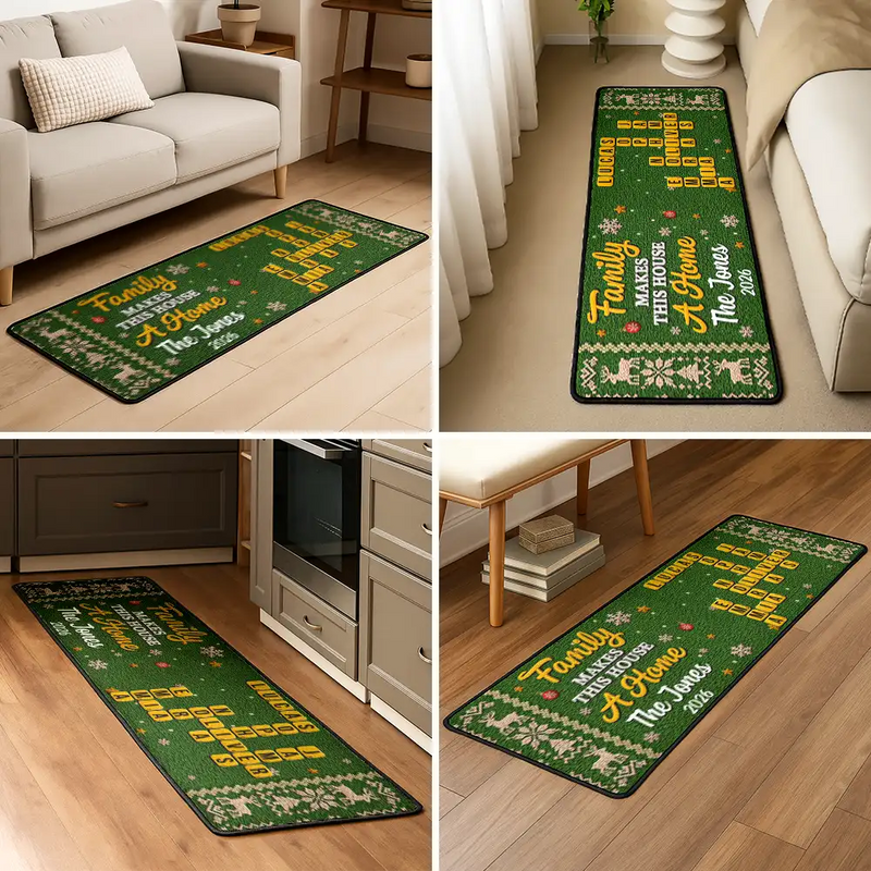 Sentimental,Christmas,Family,Crossword - Crossword Family Makes This House A Home Faux Chenille Effect - Personalized Runner Rug