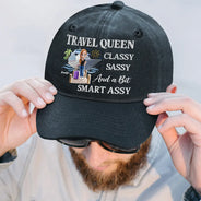 Cruising,Travel,Funny,Gift For Women - Cruise Queen Classy Sassy - Personalized Vintage Washed Denim Cap