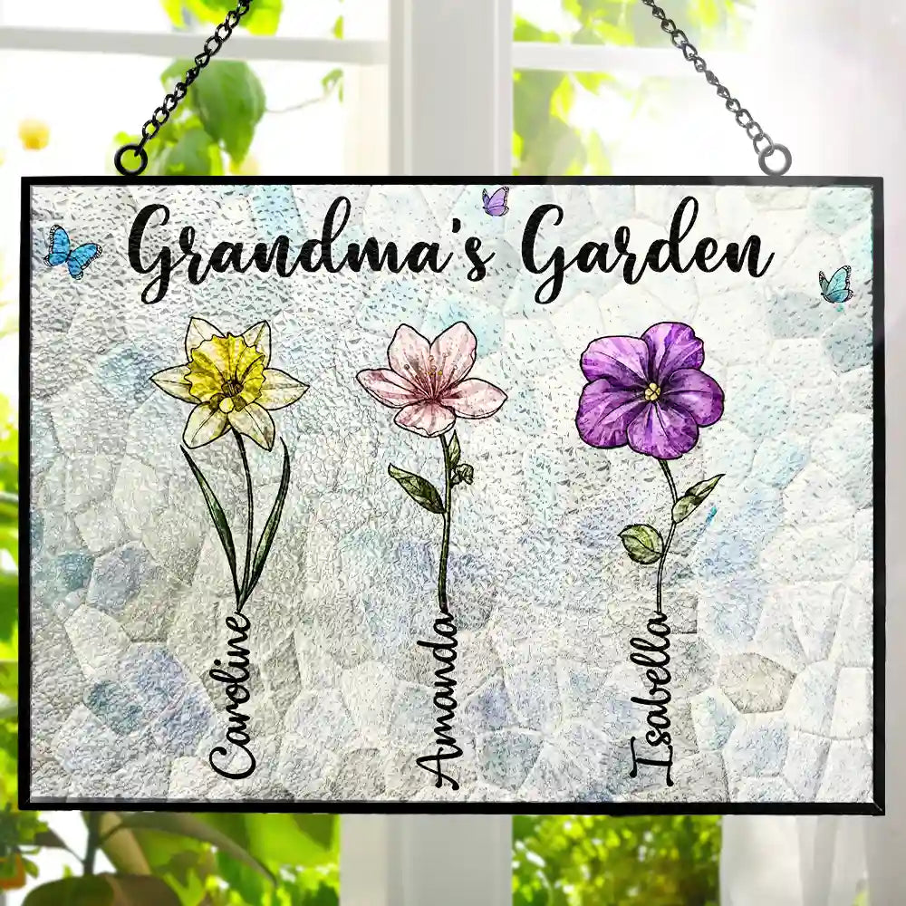Crystal Art Birth Flower Grandma's Garden - Personalized Horizontal Stained Glass Suncatcher