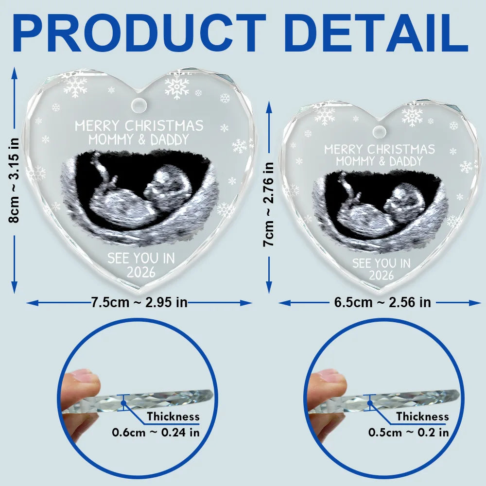 Christmas, New Dad, New baby, New Mom, Custom Photo, Happy - Custom Photo Baby Expecting See You In 2026 - Personalized Heart Shaped Glass Ornament