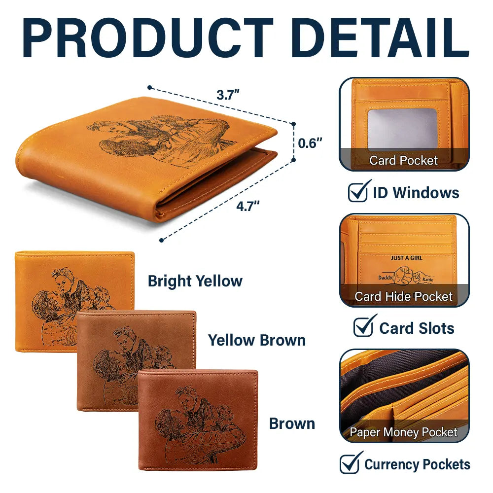 Custom Photo,Gift For Father,Dad - Daughters (Young),Non-Eng,Photo - Pencil Sketch (Bold),Icon,Proud - Custom Photo Bold Sketch Just A Dad And His Girl - Personalized Engraved Leather Wallet