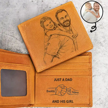 Custom Photo Bold Sketch Just A Dad And His Girl - Personalized Engraved Leather Wallet