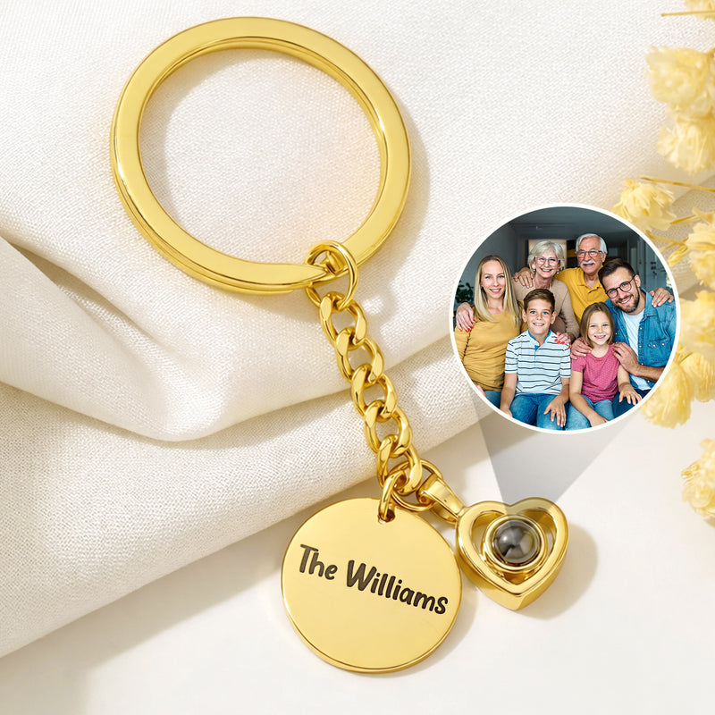 Family,Gift For Husband,Gift For Wife,Gift For Aunt,Gift For Uncle,Gift For Mother,Gift For Grandpa,Gift For Father,Gift For Grandma,Gift For Grandparents,Gift For Daughter,Gift For Son,Gift For Sibling,Gift For Sisters,Gift For Brothers - Custom Photo Happy Family Memories - Personalized Custom Shaped Photo Projection Keychain