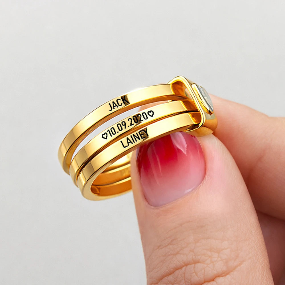 Gift For Wife,Gift For Girlfriend,Gift For Women,Gift For Yourself,Married ,Engaged,Wedding Anniversary,Anniversary,Love - Custom Couples Names With Anniversary Date - Personalized Heart Stacking Rings