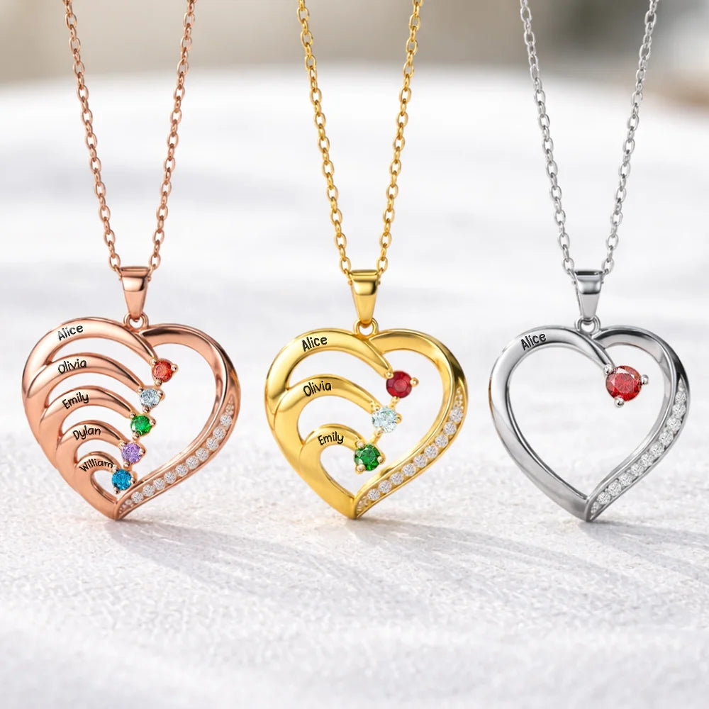 Gift For Women,Gift For Yourself,Gift For Mother,Love,Happy - Custom Name And Gemstones Jewelry For Grandma Mom - Personalized Birthstone Heart Necklace