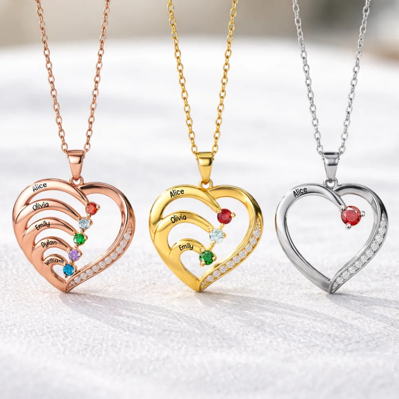 Gift For Women,Gift For Yourself,Gift For Mother,Love,Happy - Custom Name And Gemstones Jewelry For Grandma Mom - Personalized Birthstone Heart Necklace