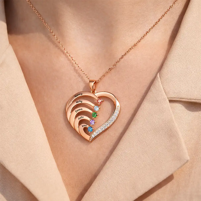 Gift For Women,Gift For Yourself,Gift For Mother,Love,Happy - Custom Name And Gemstones Jewelry For Grandma Mom - Personalized Birthstone Heart Necklace