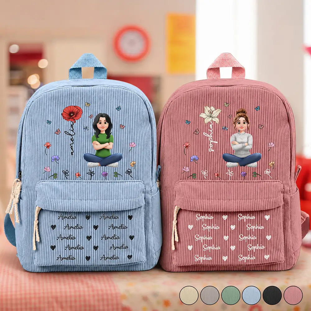Back To School, Family, Confident, Vector - Custom Name Birth Flower Cartoon Character - Personalized Corduroy Backpack