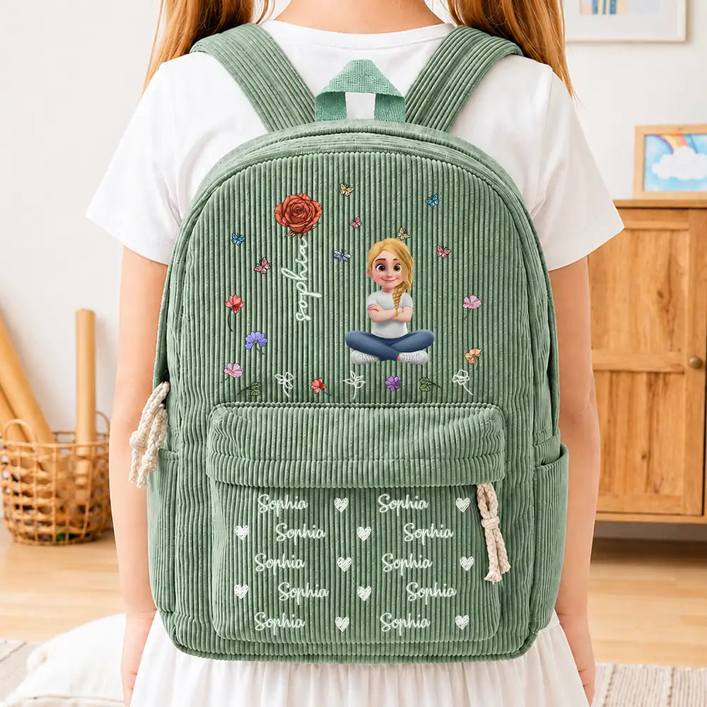 Back To School, Family, Confident, Vector - Custom Name Birth Flower Cartoon Character - Personalized Corduroy Backpack