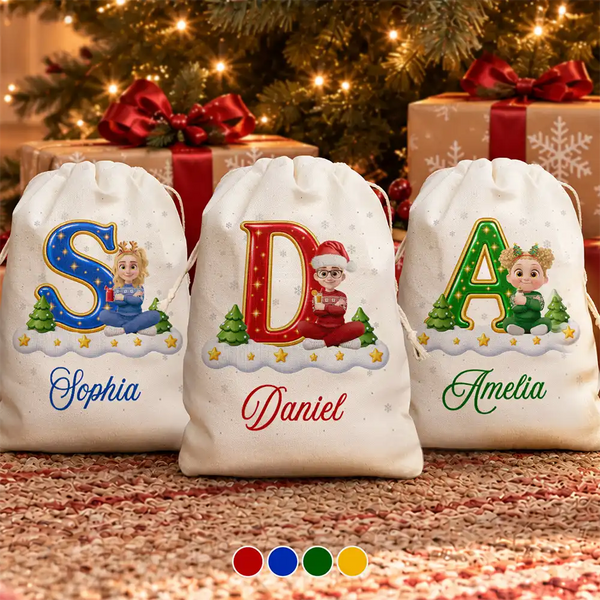 Top Market,Sentimental,Christmas,Family,Vector - Custom Name Christmas Initial Letter With Character Gift For Family Kids - Personalized Favor Bag
