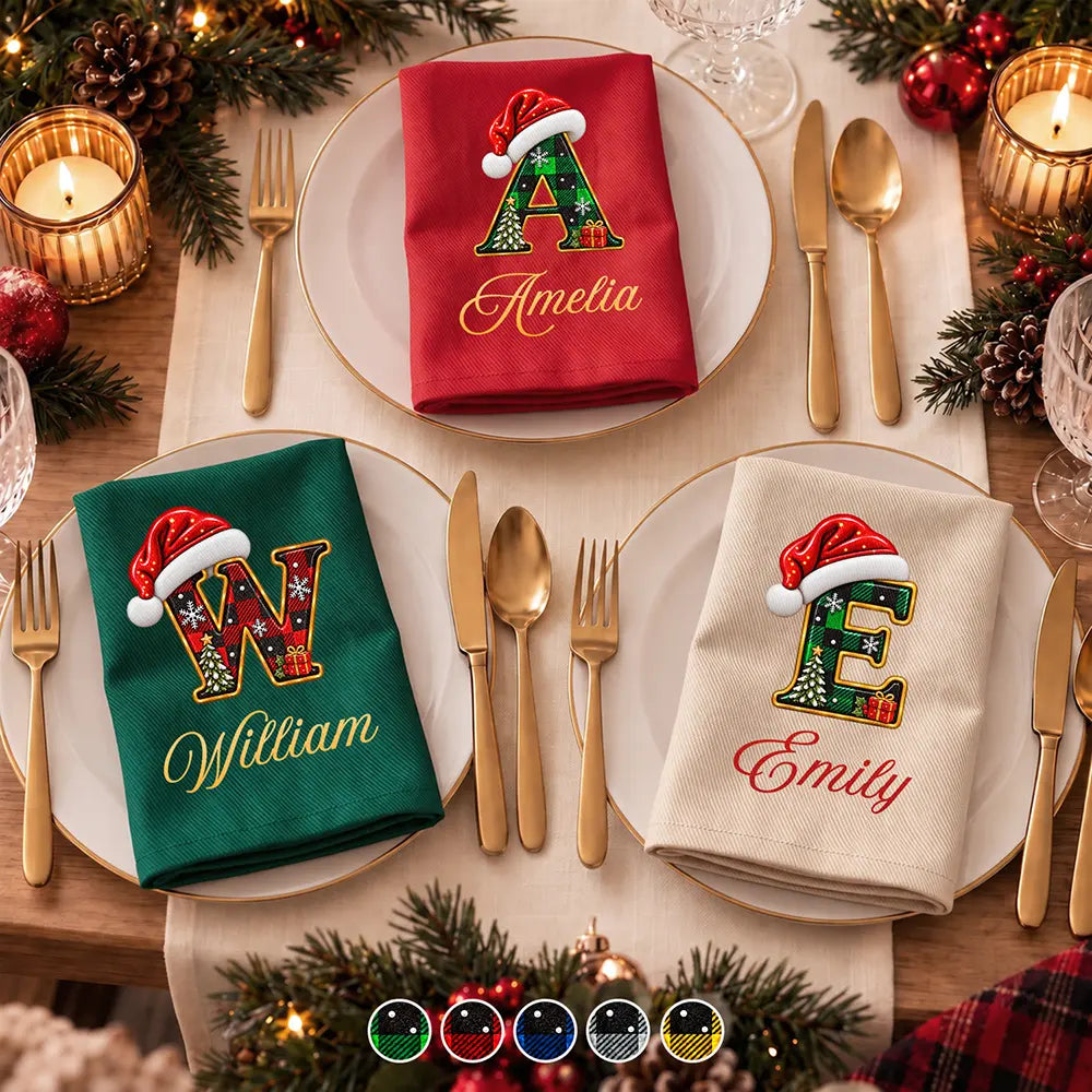 Custom Name Christmas Plaid Santa Hat Initial Monogram Gift For Family - Personalized Reusable Napkin