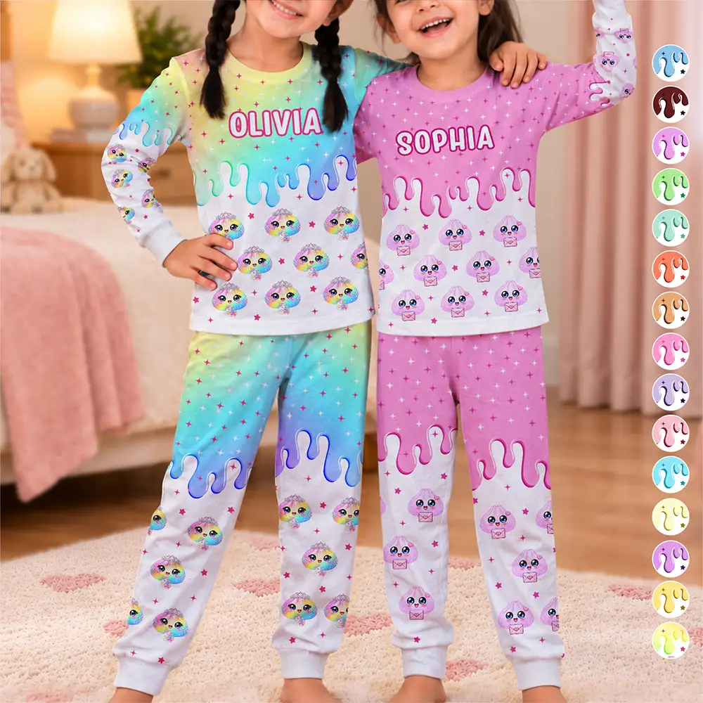 Custom Name Dumpling Pattern Dripping Ice Cream Squishy Hunting Gift For Kids - Personalized Kid Pajamas Set