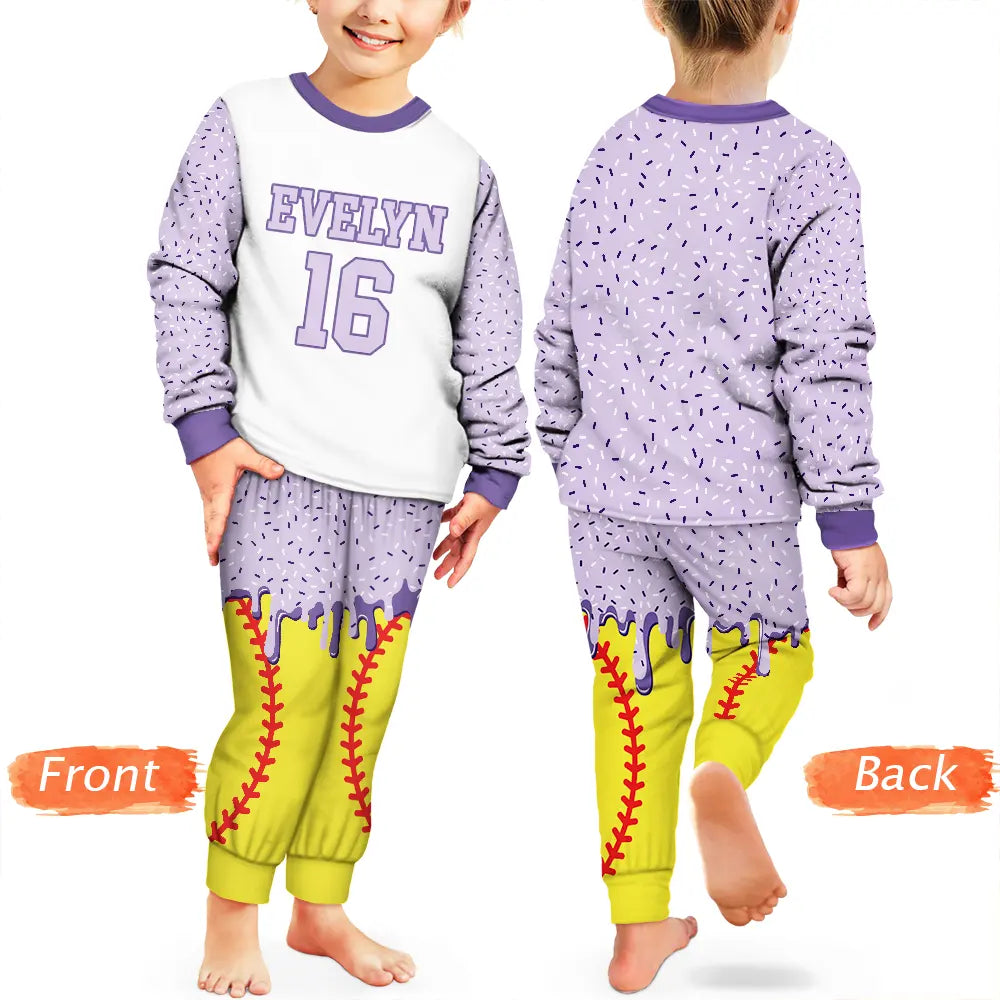 Baseball,Playful,Christmas,Gift For Kids,Custom Text-Custom Name Ice Cream Drip For Baseball Basketball Football Lovers - Personalized Kid Pajamas Set