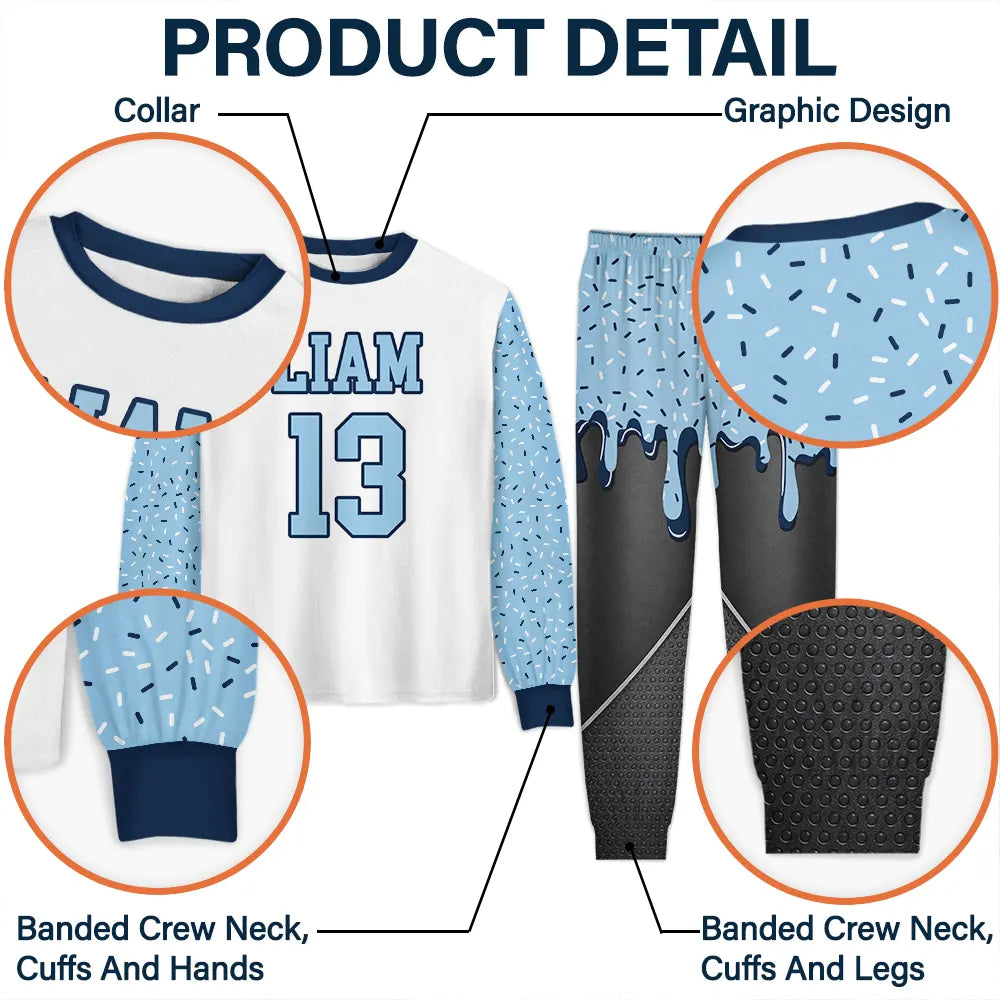 Baseball,Playful,Christmas,Gift For Kids,Custom Text-Custom Name Ice Cream Drip For Baseball Basketball Football Lovers - Personalized Kid Pajamas Set