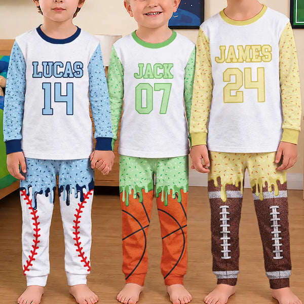 Baseball,Playful,Christmas,Gift For Kids,Custom Text-Custom Name Ice Cream Drip For Baseball Basketball Football Lovers - Personalized Kid Pajamas Set