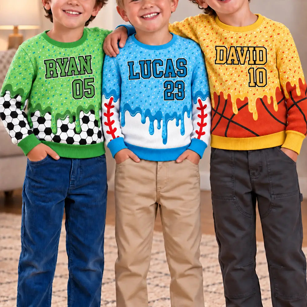 Custom Name Ice Cream Drip For Baseball Basketball Football Lovers - Personalized Unisex Ugly Sweater