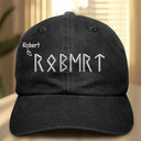 Gift For Yourself, Happy - Custom Name In Viking Runes Warrior Camping Hiking - Personalized Vintage Washed Denim Cap