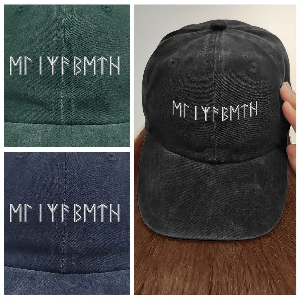 Gift For Yourself, Happy - Custom Name In Viking Runes Warrior Camping Hiking - Personalized Vintage Washed Denim Cap