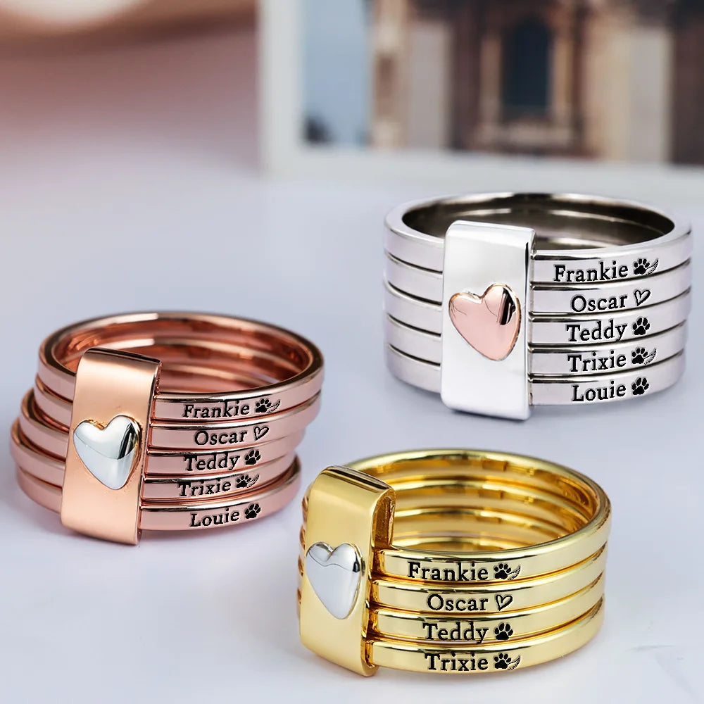 Gift For Yourself,Gift For Women,Pet Lovers,Pet Mom,Dog Lovers,Dog Mom,Cat Lovers,Cat Mom,Memorial,Love - Custom Name Jelwery For Dog Moms Cat Moms - Personalized Heart Stacking Rings
