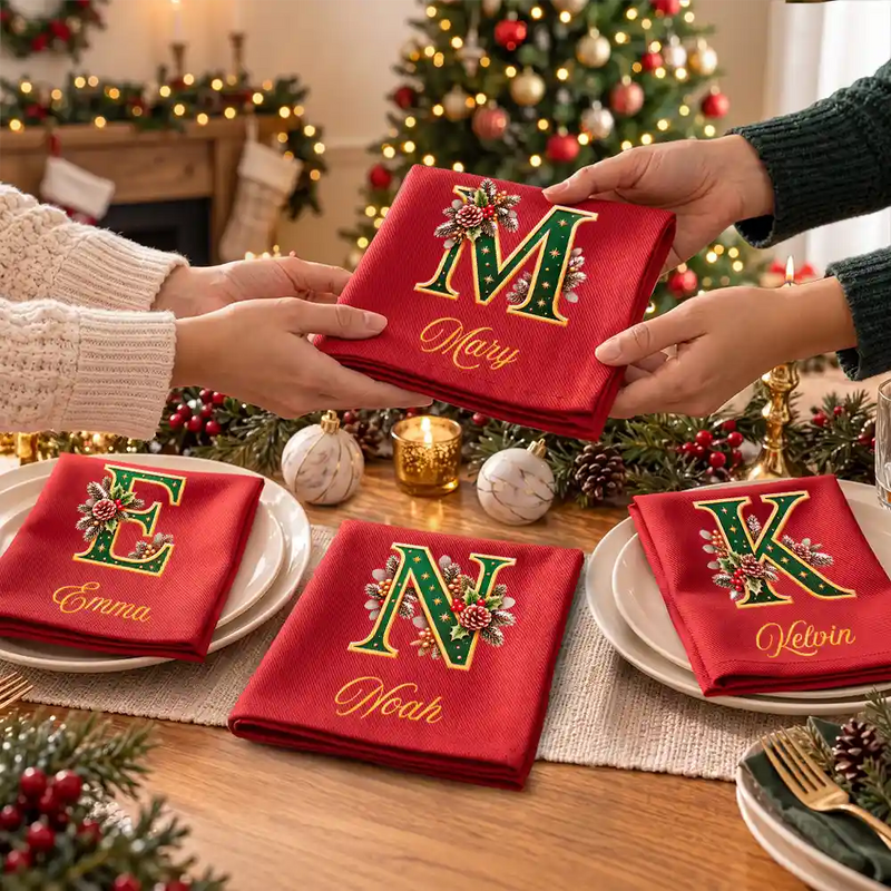Top Market,Sentimental,Christmas,Family,Icon - Custom Name Monogram Christmas Holly Wreath Family Gift - Personalized Reusable Napkin