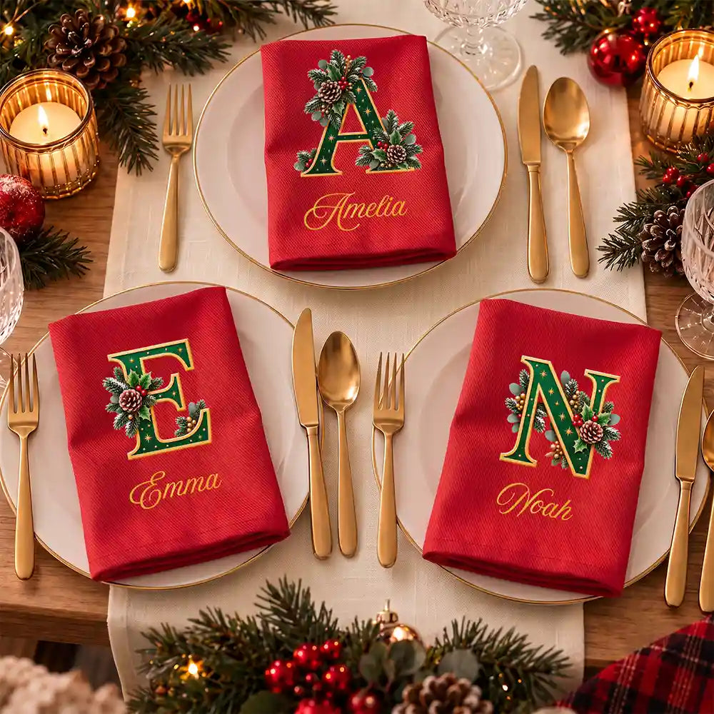 Custom Name Monogram Christmas Holly Wreath Family Gift - Personalized Reusable Napkin
