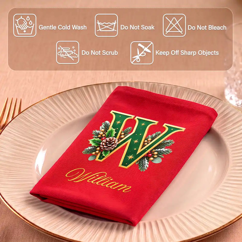 Top Market,Sentimental,Christmas,Family,Icon - Custom Name Monogram Christmas Holly Wreath Family Gift - Personalized Reusable Napkin