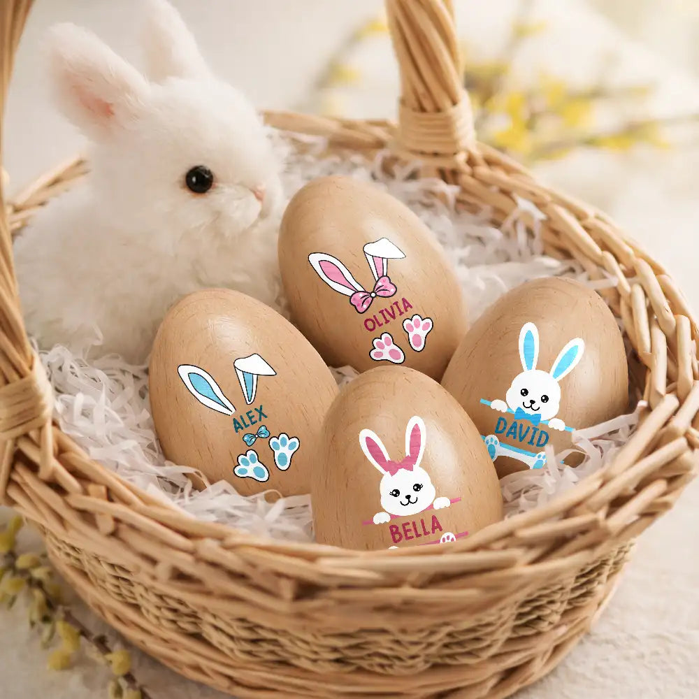 Gift For Kids,Grandma,Grandkids,Gift For Grandkids,Dad,Children,Momn,Easter,Happy - Custom Name With Adorable Bunny - Personalized Musical Wooden Easter Egg Shaker