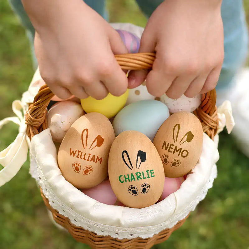 Gift For Kids,Gift For Grandkids,Non-Eng,Easter,Happy - Custom Name With Bunny Ears - Personalized Musical Wooden Easter Egg Shaker